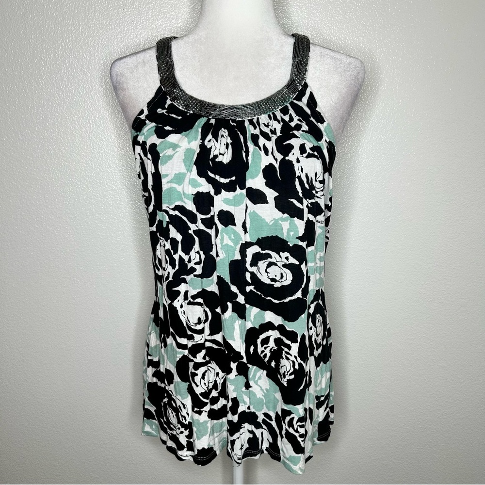 INC Womens Black White Green Floral Beaded Floral Sleeveless Top Size MP Petite